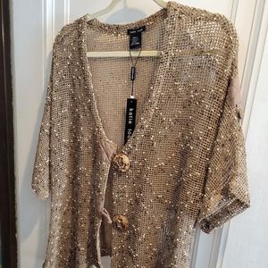 NWT Katie Todd Crochet Cardigan Womans Large Beige and tan flecks
